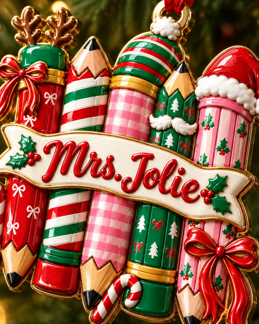 Personalized Christmas Pencil Teacher 3D Relief Ornament — mockup 3