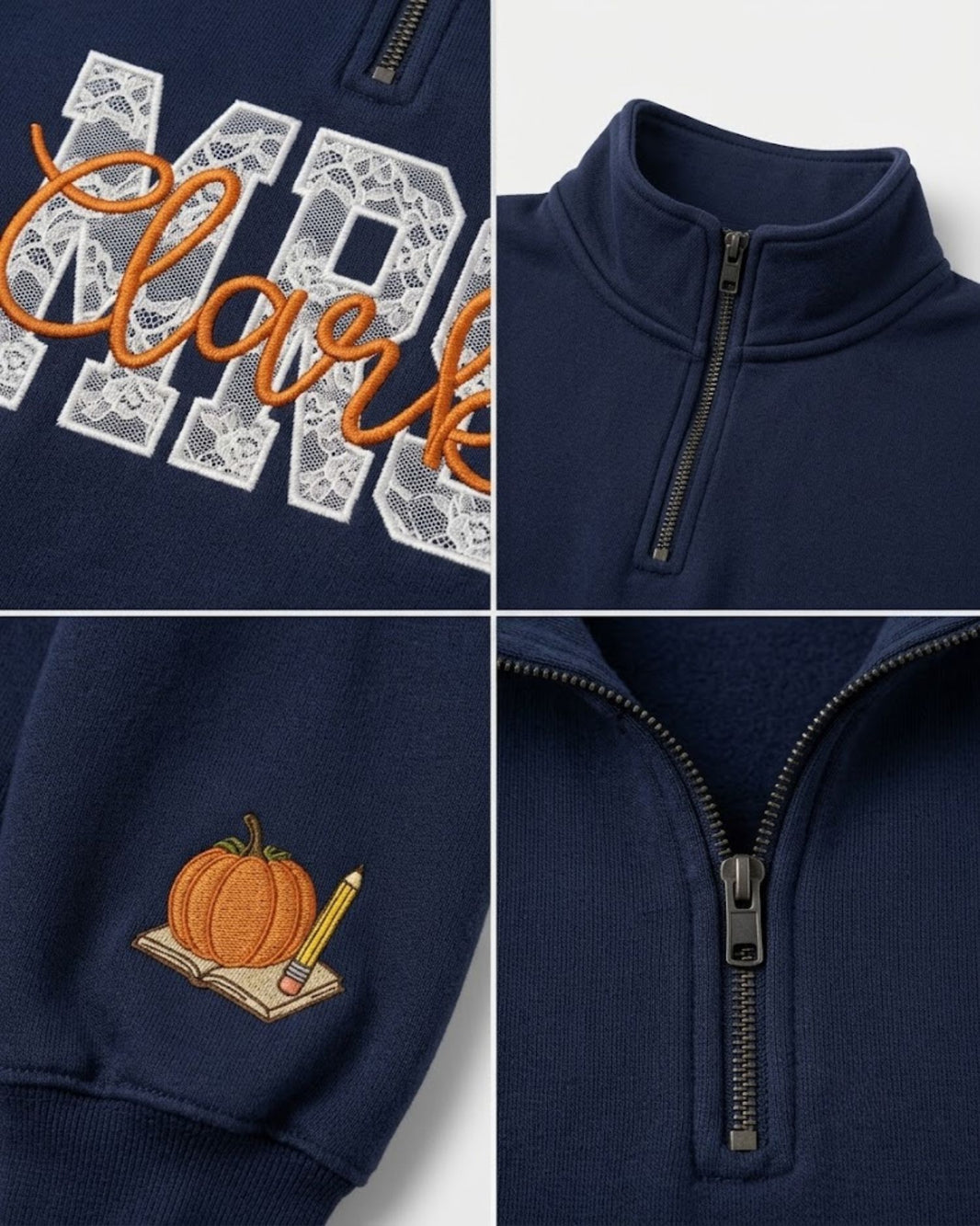 Personalized Teacher Name Lace Applique Quarter Zip Sweatshirt — mockup 3