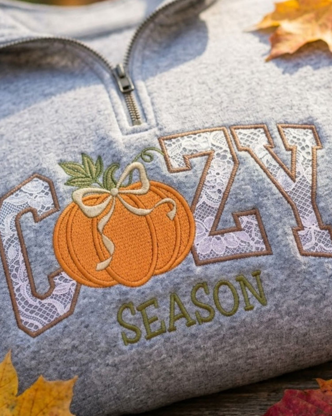 Cozy Season Teach With Grace Lace Applique Quarter Zip Sweatshirt — mockup 3