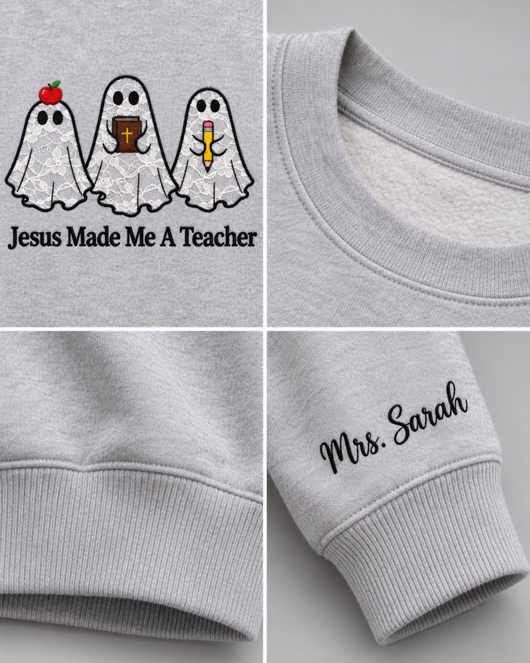 Personalized Jesus Made Me A Teacher Lace Applique Sweatshirt — mockup 2