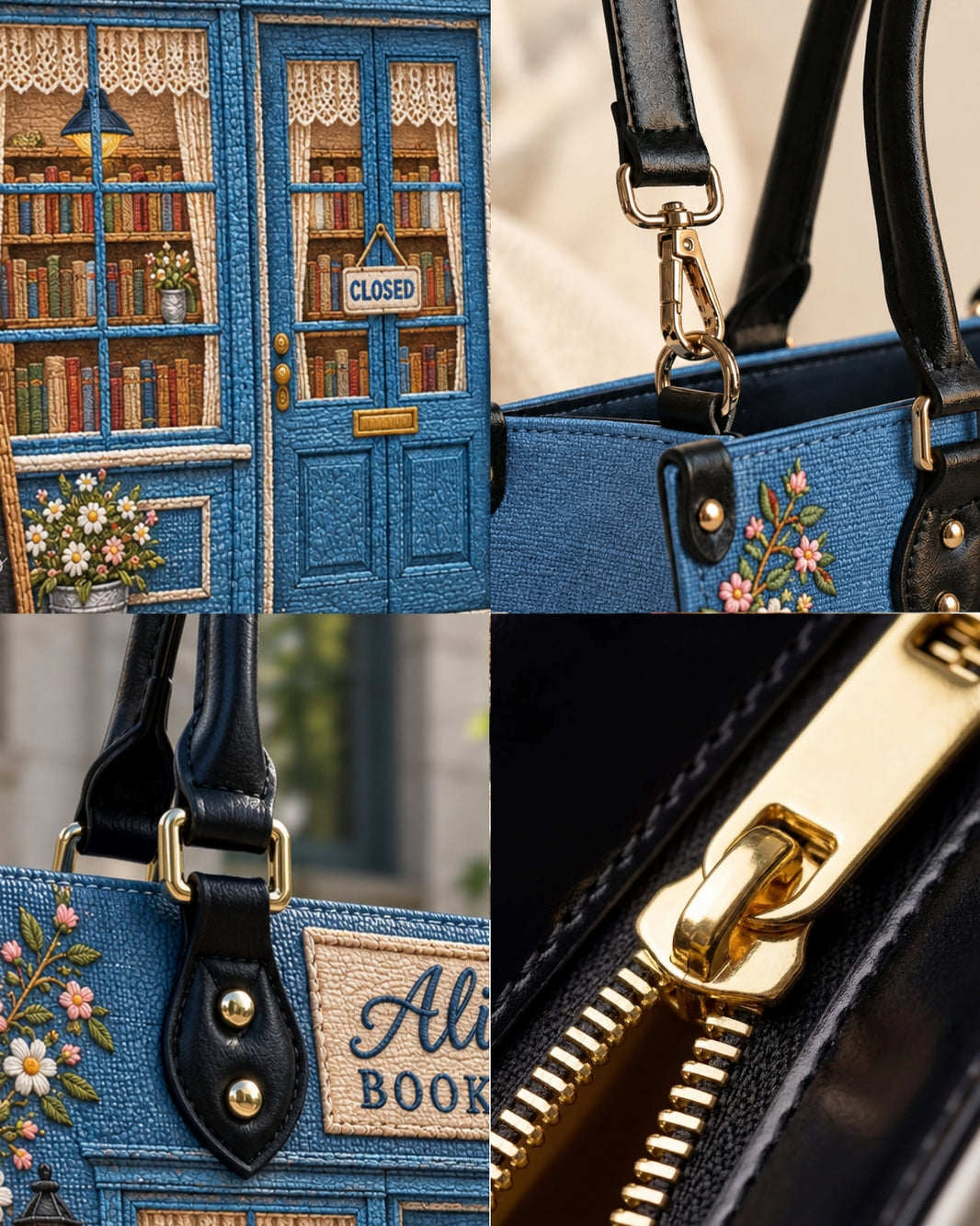 Personalized Vintage Floral Bookshop Leather Bag — mockup 7