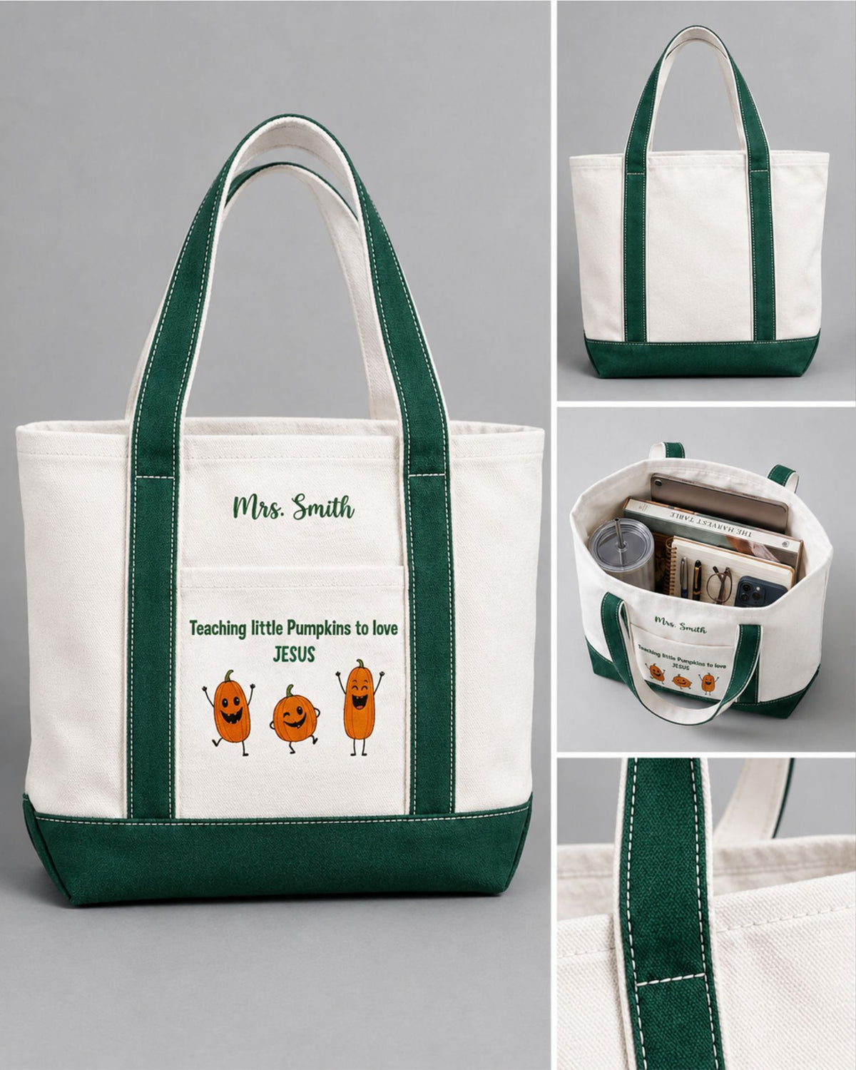 Teaching Little Pumpkins to Love Jesus Personalized Embroidered Tote Bag — mockup 5