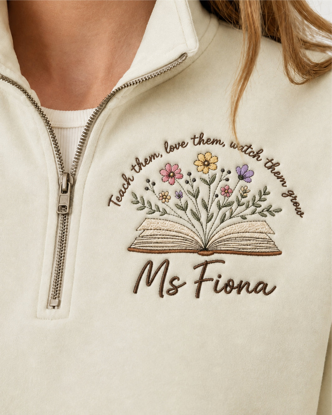 Personalized Teacher Floral Book Quarter Zip Sweatshirt