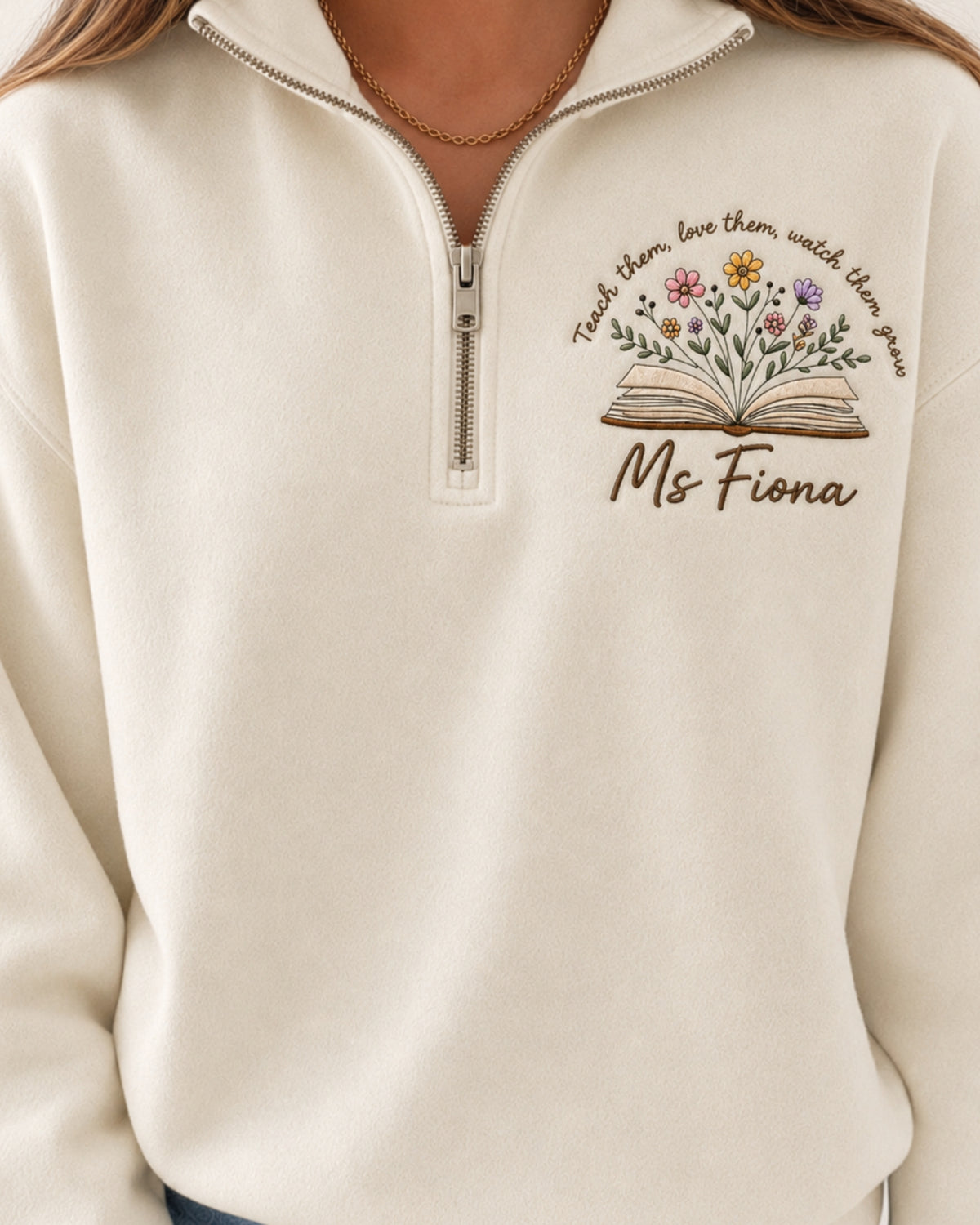 Personalized Teacher Floral Book Quarter Zip Sweatshirt