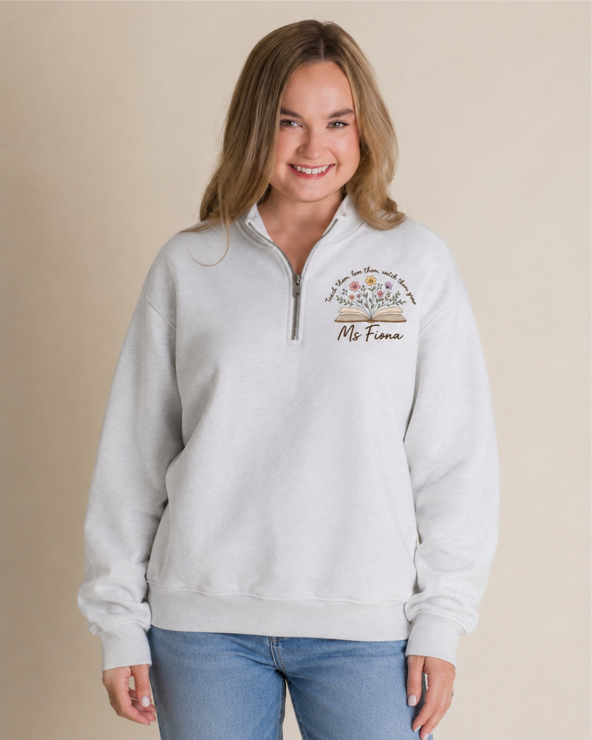 Personalized Teacher Floral Book Quarter Zip Sweatshirt