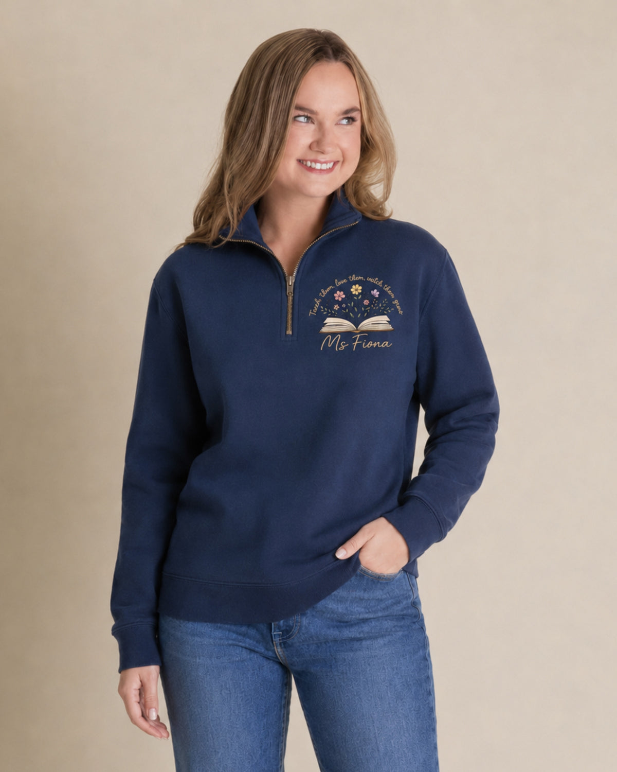 Personalized Teacher Floral Book Quarter Zip Sweatshirt