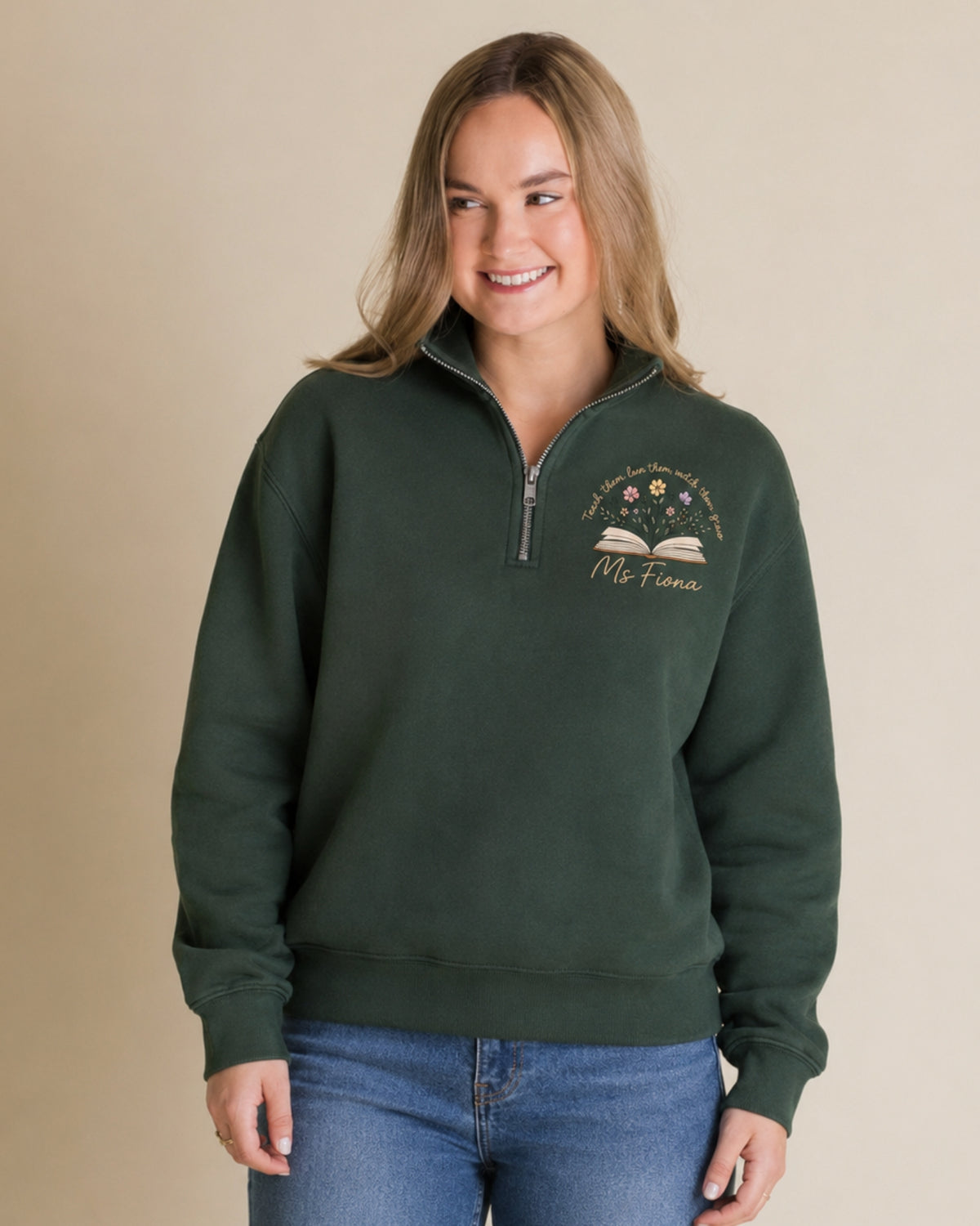 Personalized Teacher Floral Book Quarter Zip Sweatshirt