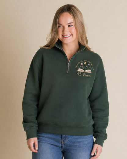 Personalized Teacher Floral Book Quarter Zip Sweatshirt