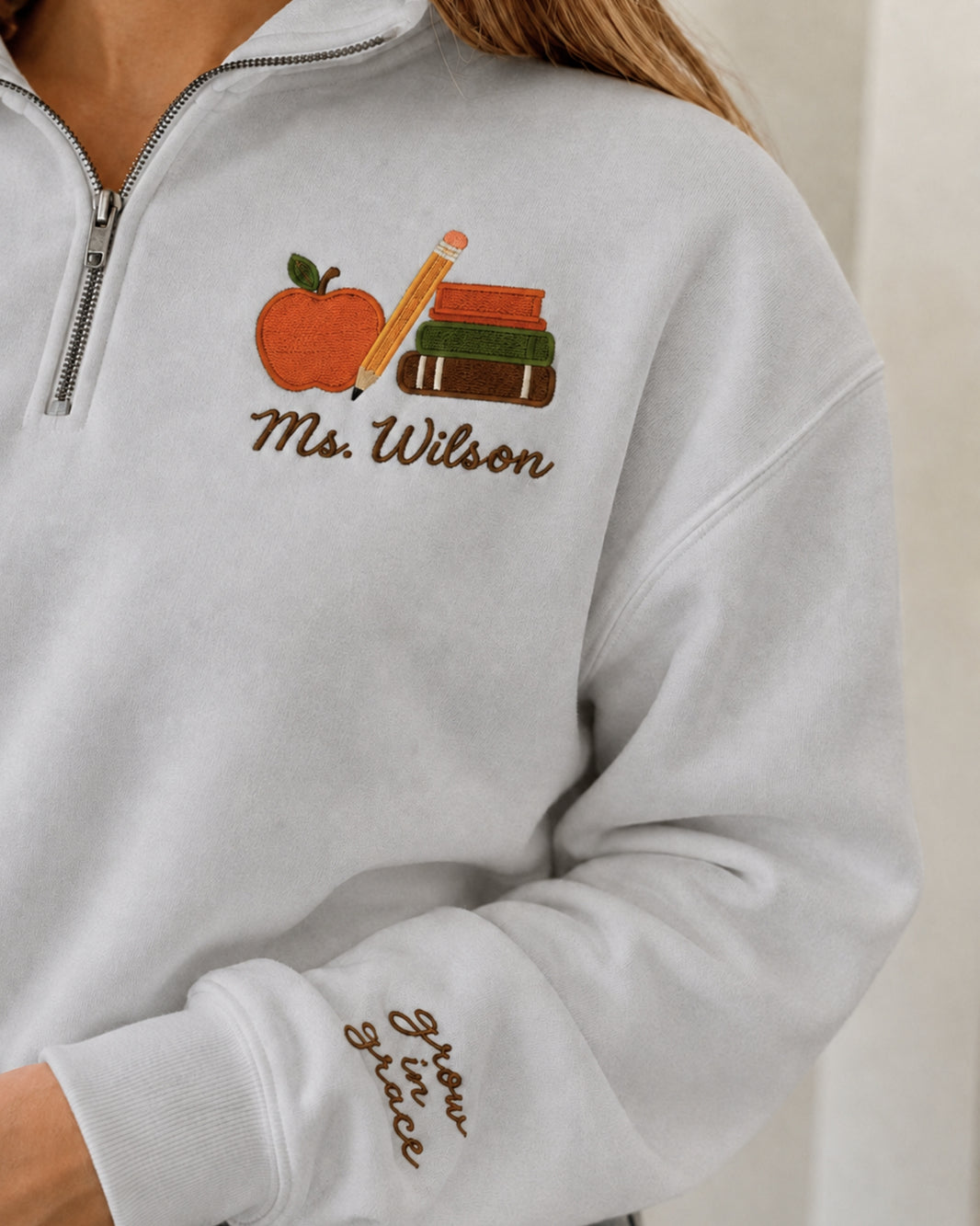 Grow in Grace Teacher Embroidered Quarter Zip Sweatshirt