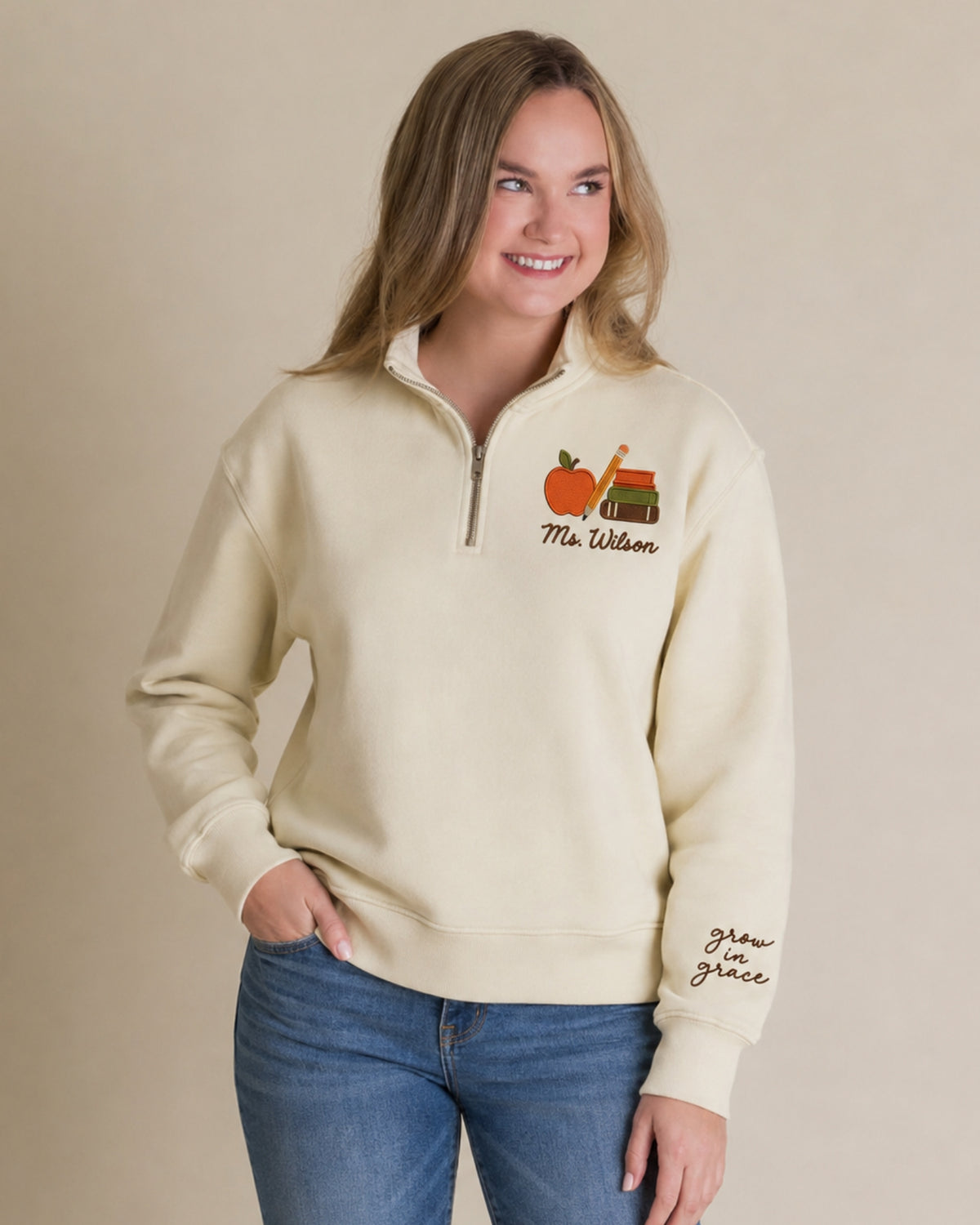 Grow in Grace Teacher Embroidered Quarter Zip Sweatshirt