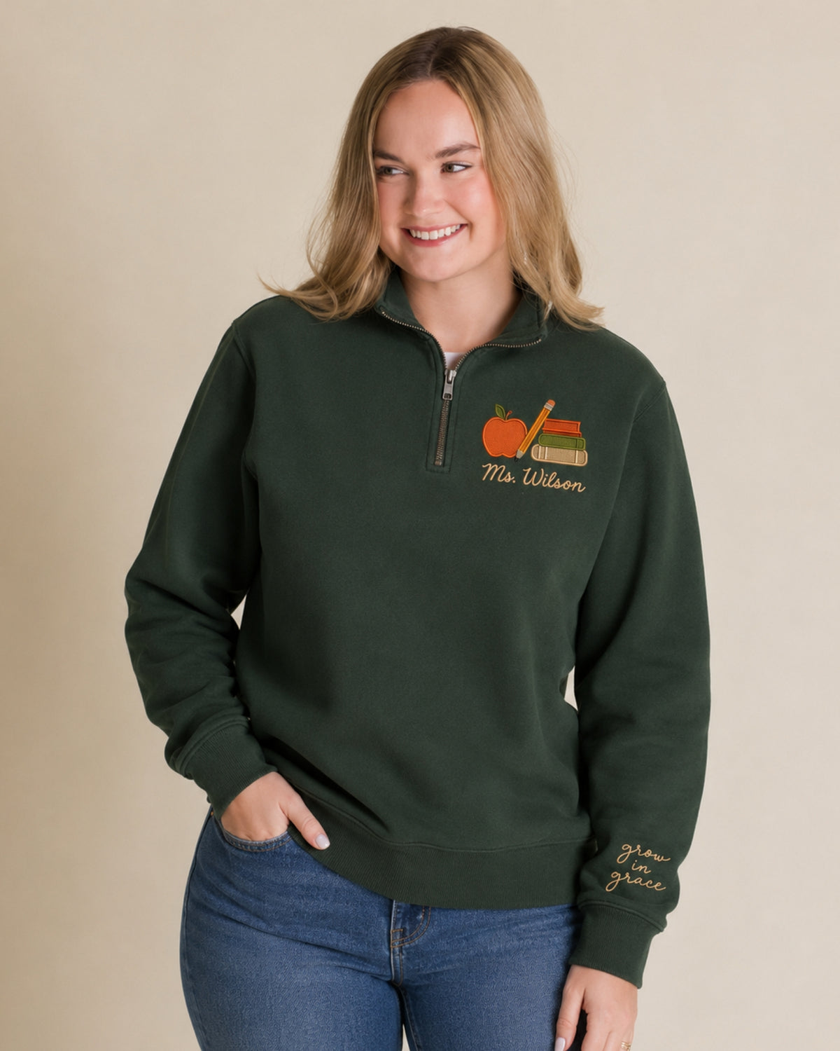 Grow in Grace Teacher Embroidered Quarter Zip Sweatshirt