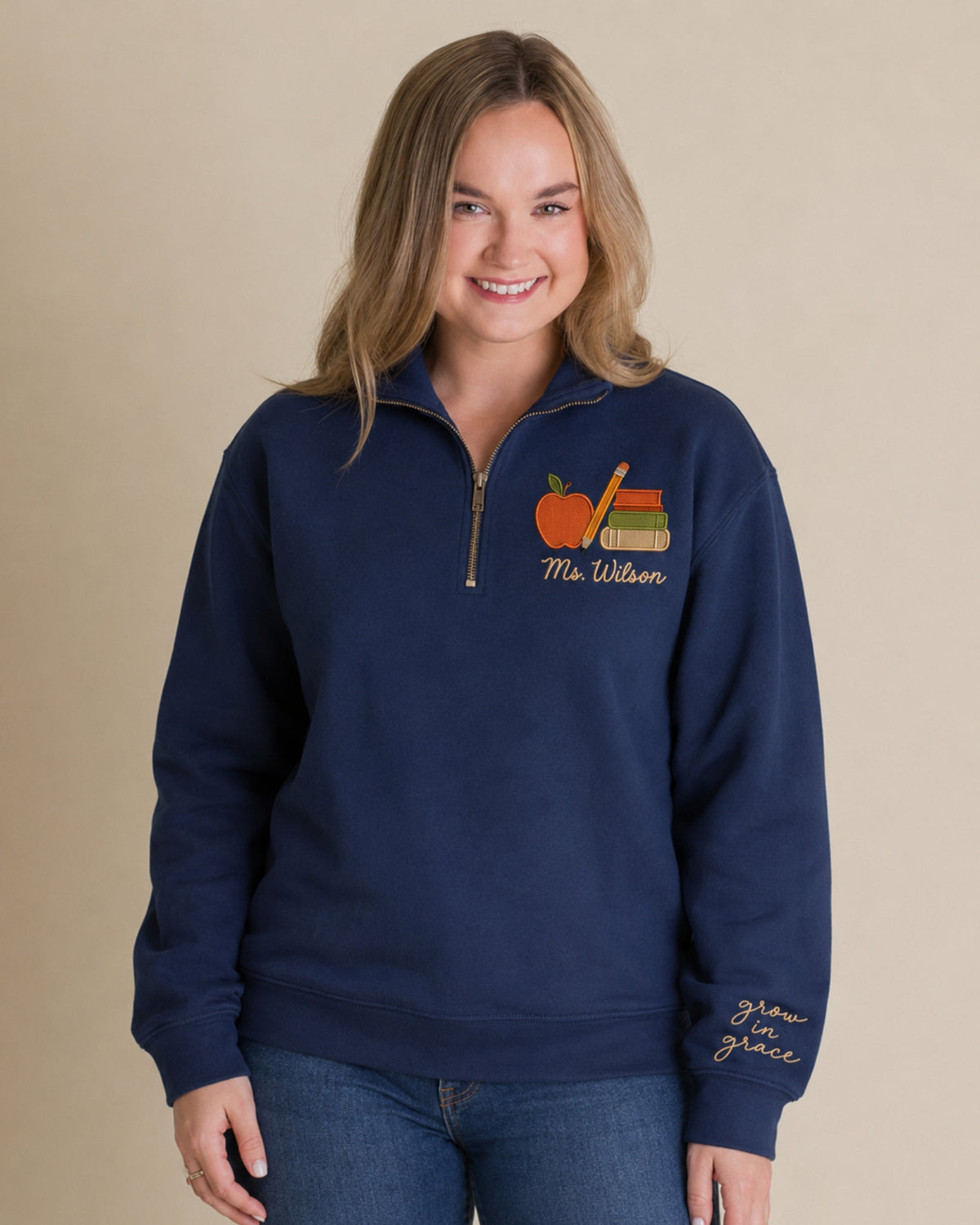Grow in Grace Teacher Embroidered Quarter Zip Sweatshirt