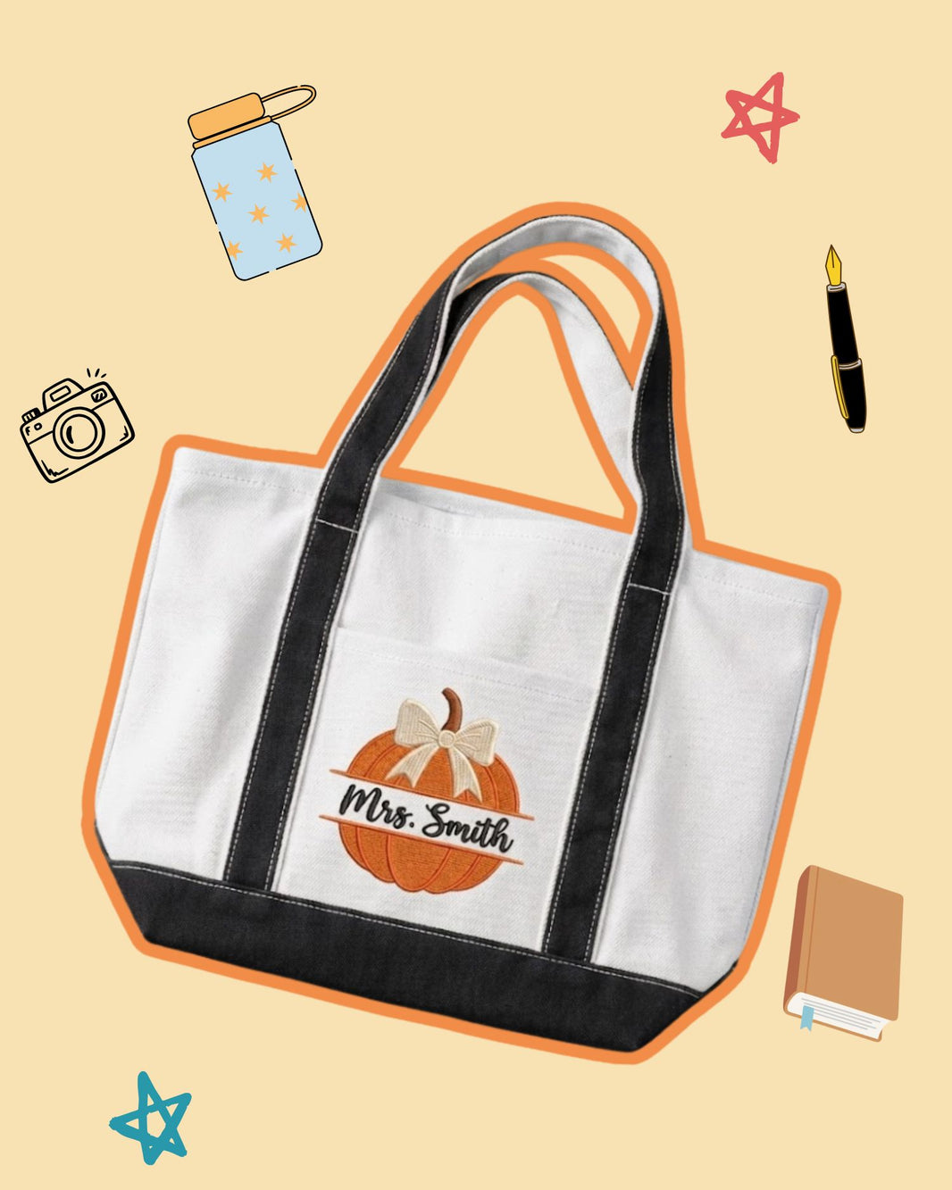 Pumpkin Teacher Halloween Personalized Embroidered Tote Bag