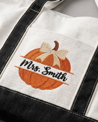 Pumpkin Teacher Halloween Personalized Embroidered Tote Bag