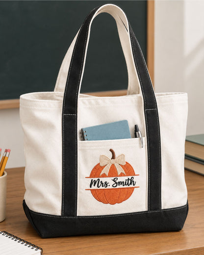 Pumpkin Teacher Halloween Personalized Embroidered Tote Bag