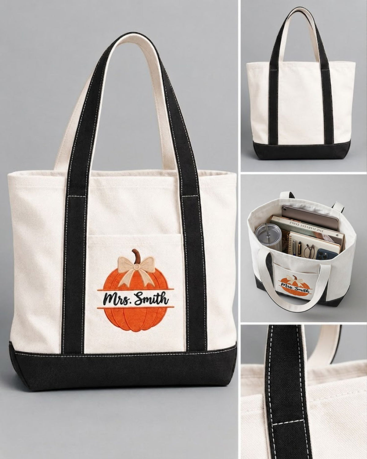 Pumpkin Teacher Halloween Personalized Embroidered Tote Bag