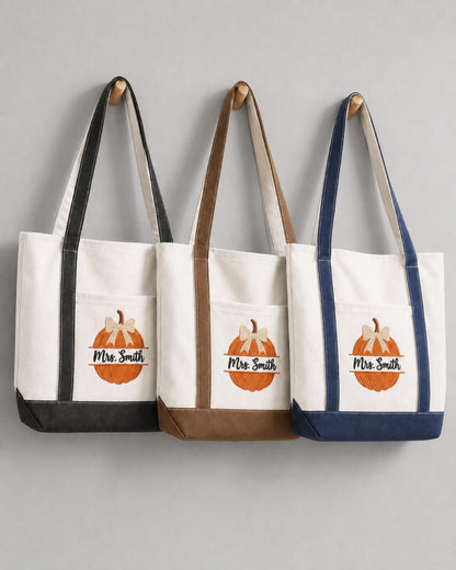 Pumpkin Teacher Halloween Personalized Embroidered Tote Bag