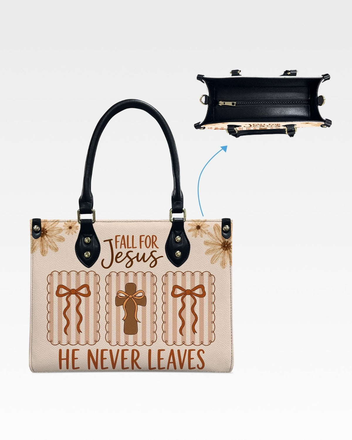 Fall For Jesus He Never Leaves Leather Handbag