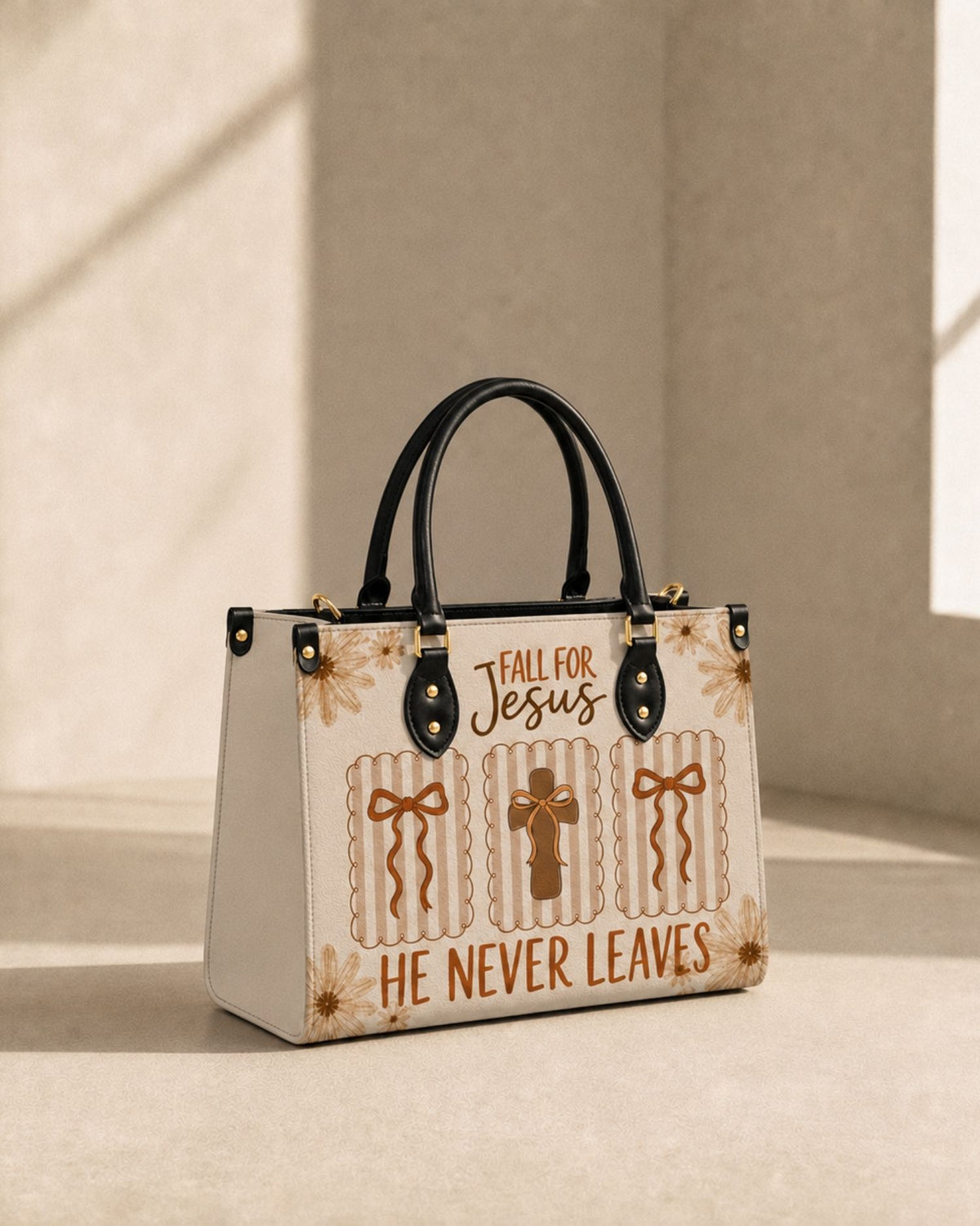 Fall For Jesus He Never Leaves Leather Handbag