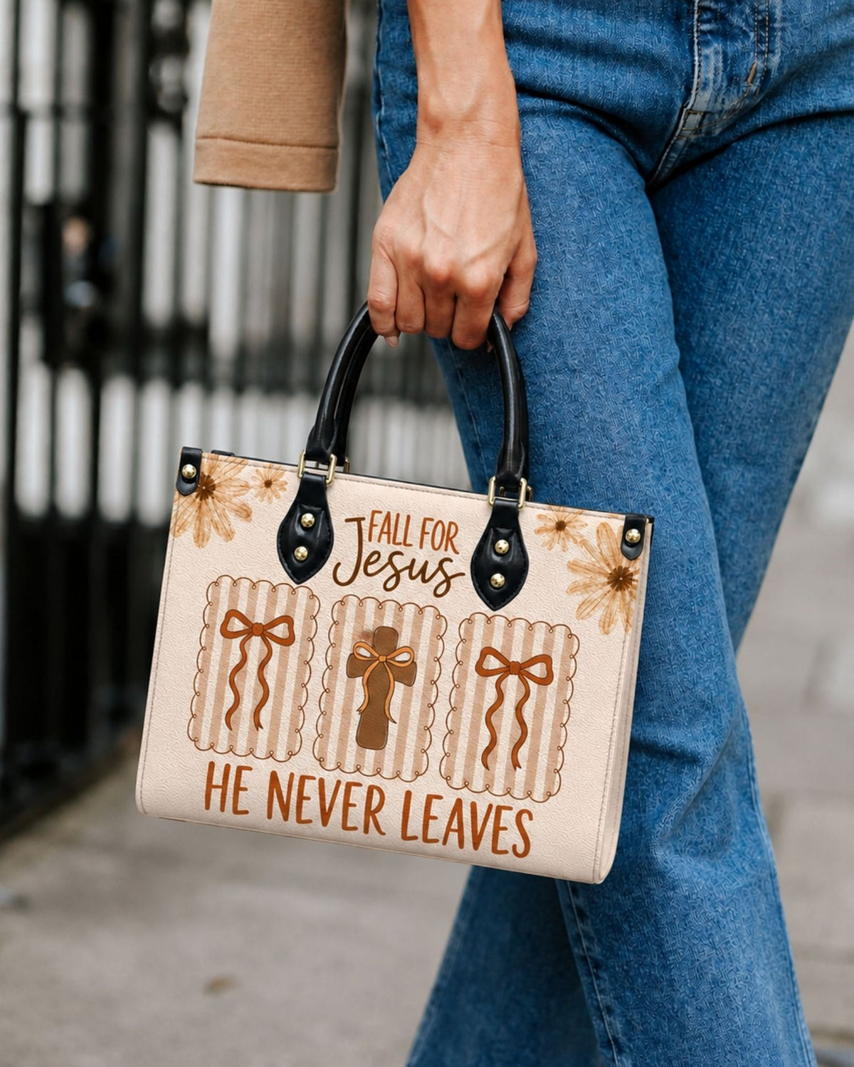 Fall For Jesus He Never Leaves Leather Handbag
