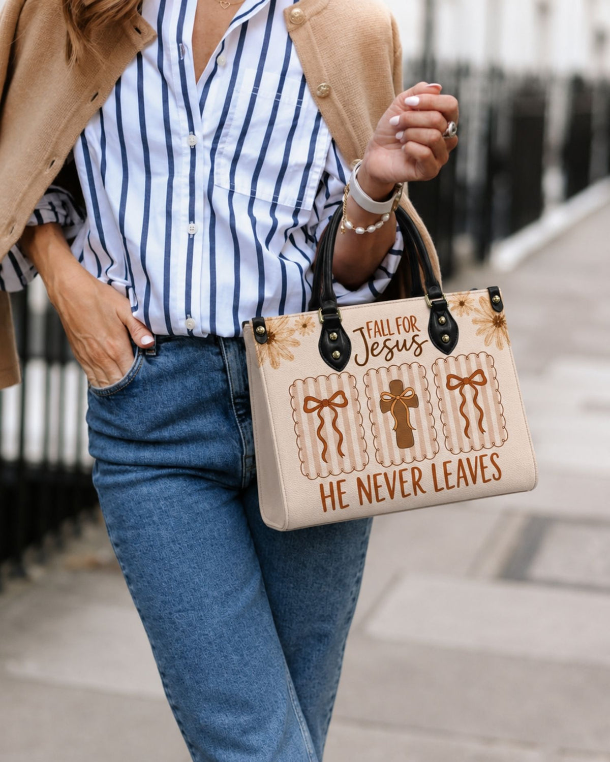 Fall For Jesus He Never Leaves Leather Handbag