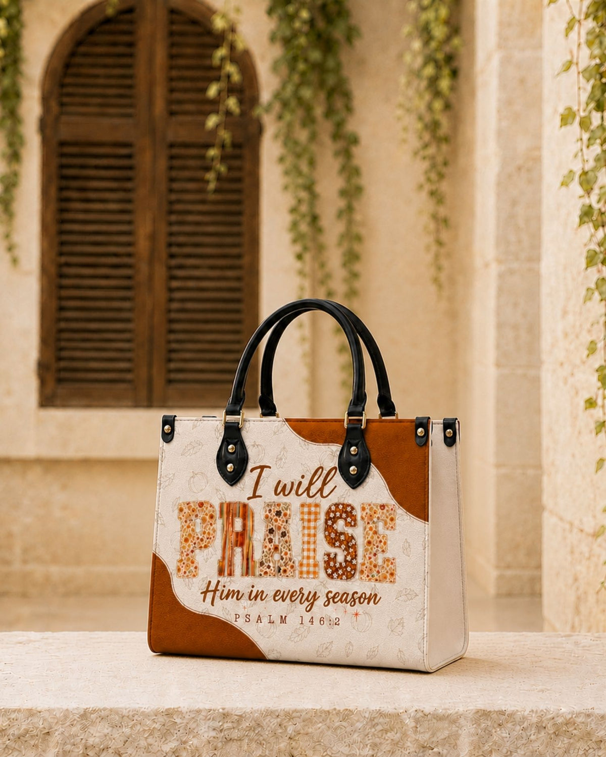 I Will Praise Him in Every Season Leather Handbag