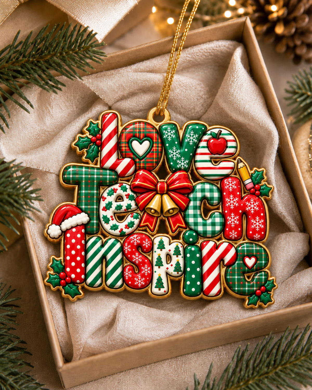 Love Teach Inspire Christmas 3D Relief Ornament — mockup 4