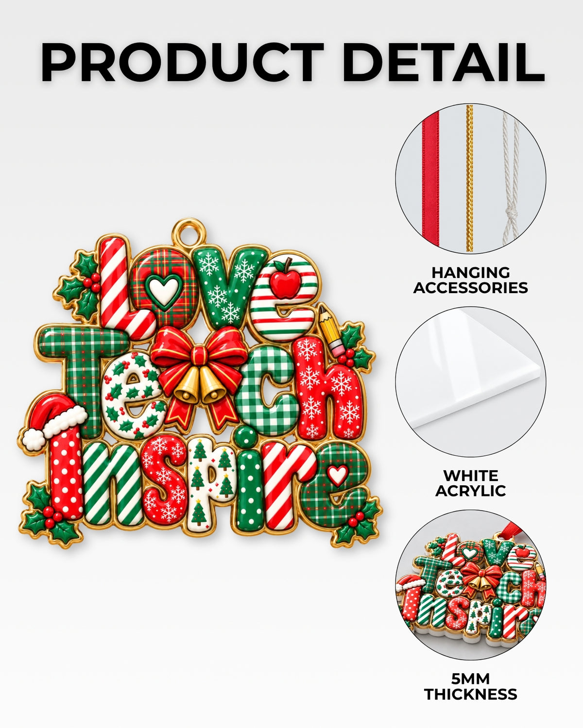 Love Teach Inspire Christmas 3D Relief Ornament — mockup 6