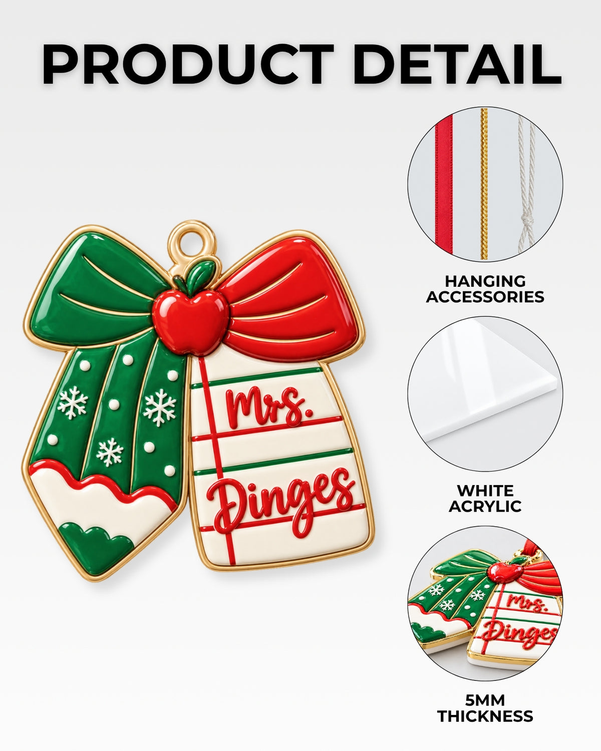 Christmas Pencil Teacher 3D Relief Ornament — mockup 6