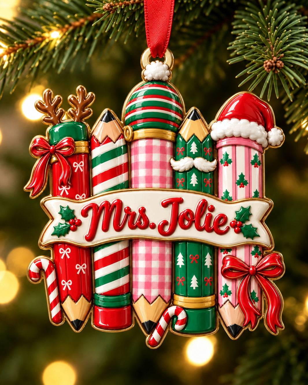 Personalized Christmas Pencil Teacher 3D Relief Ornament — mockup 1