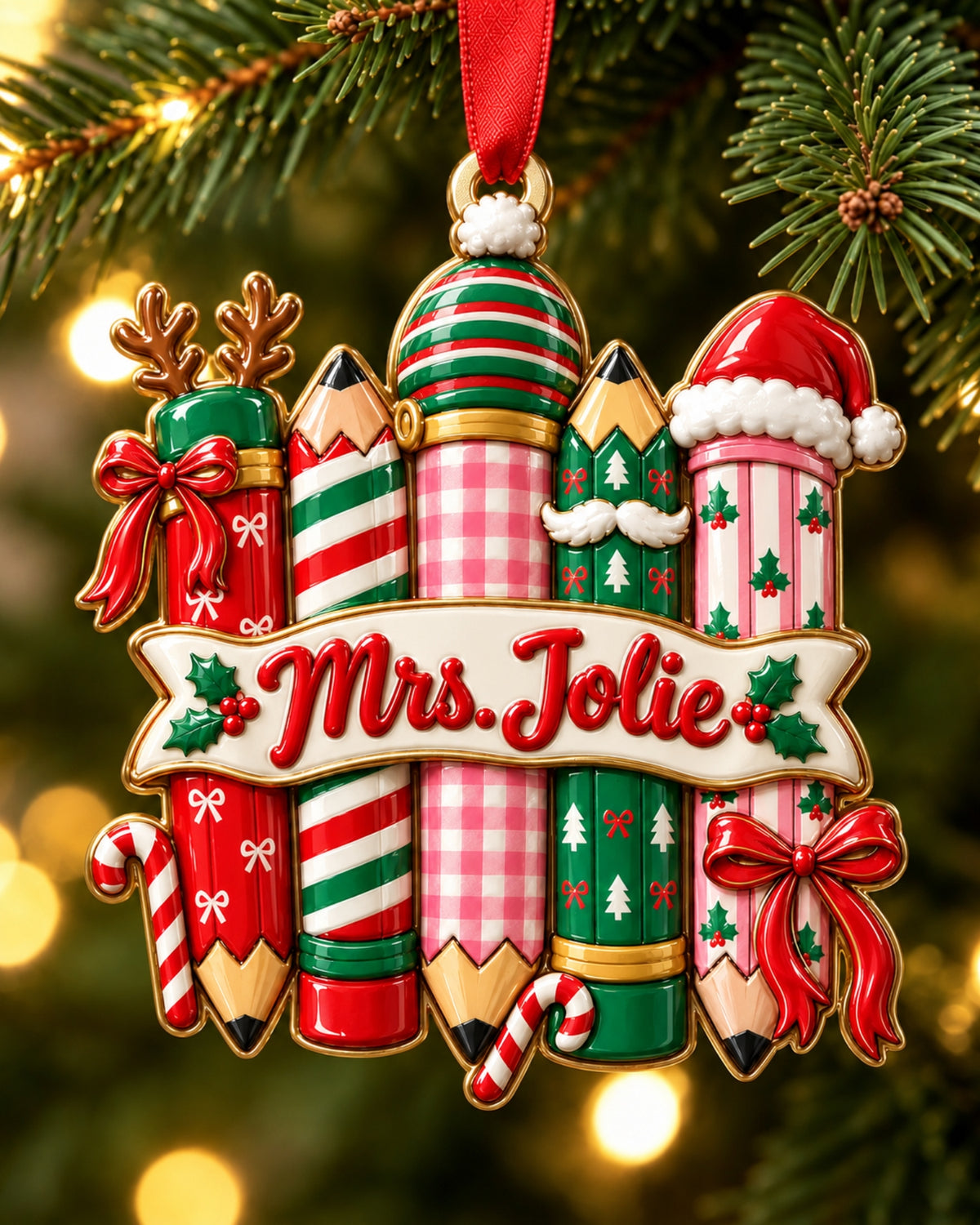 Personalized Christmas Pencil Teacher 3D Relief Ornament — mockup 1