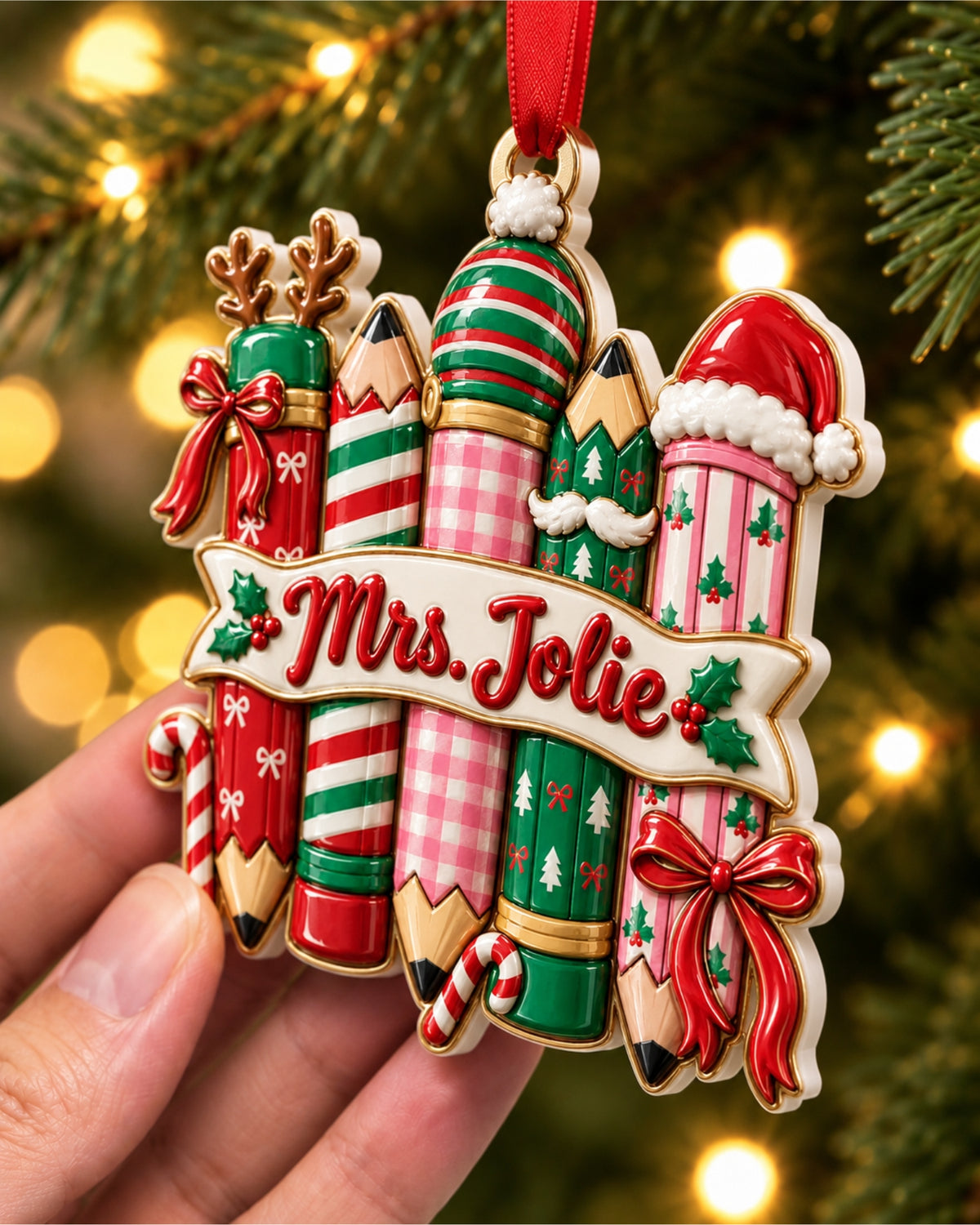 Personalized Christmas Pencil Teacher 3D Relief Ornament — mockup 2