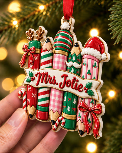 Personalized Christmas Pencil Teacher 3D Relief Ornament — mockup 2