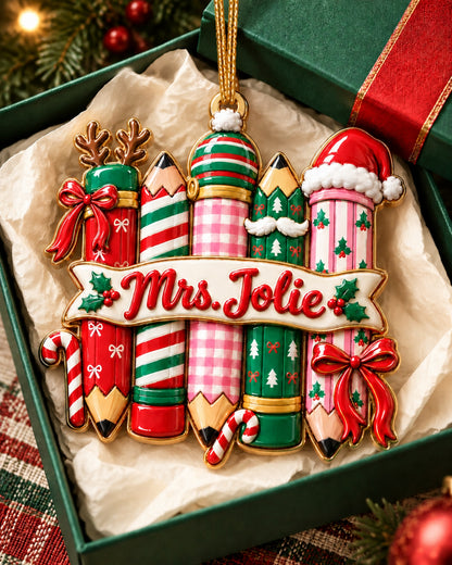 Personalized Christmas Pencil Teacher 3D Relief Ornament — mockup 4