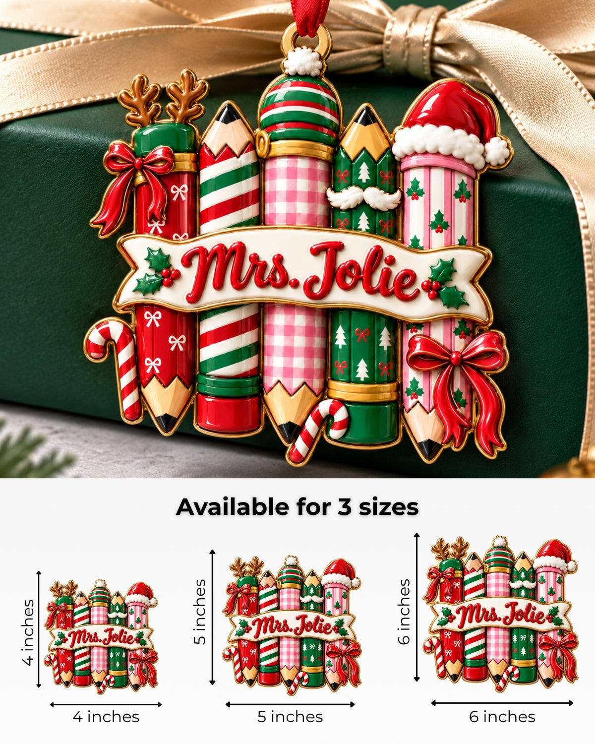 Personalized Christmas Pencil Teacher 3D Relief Ornament — mockup 5