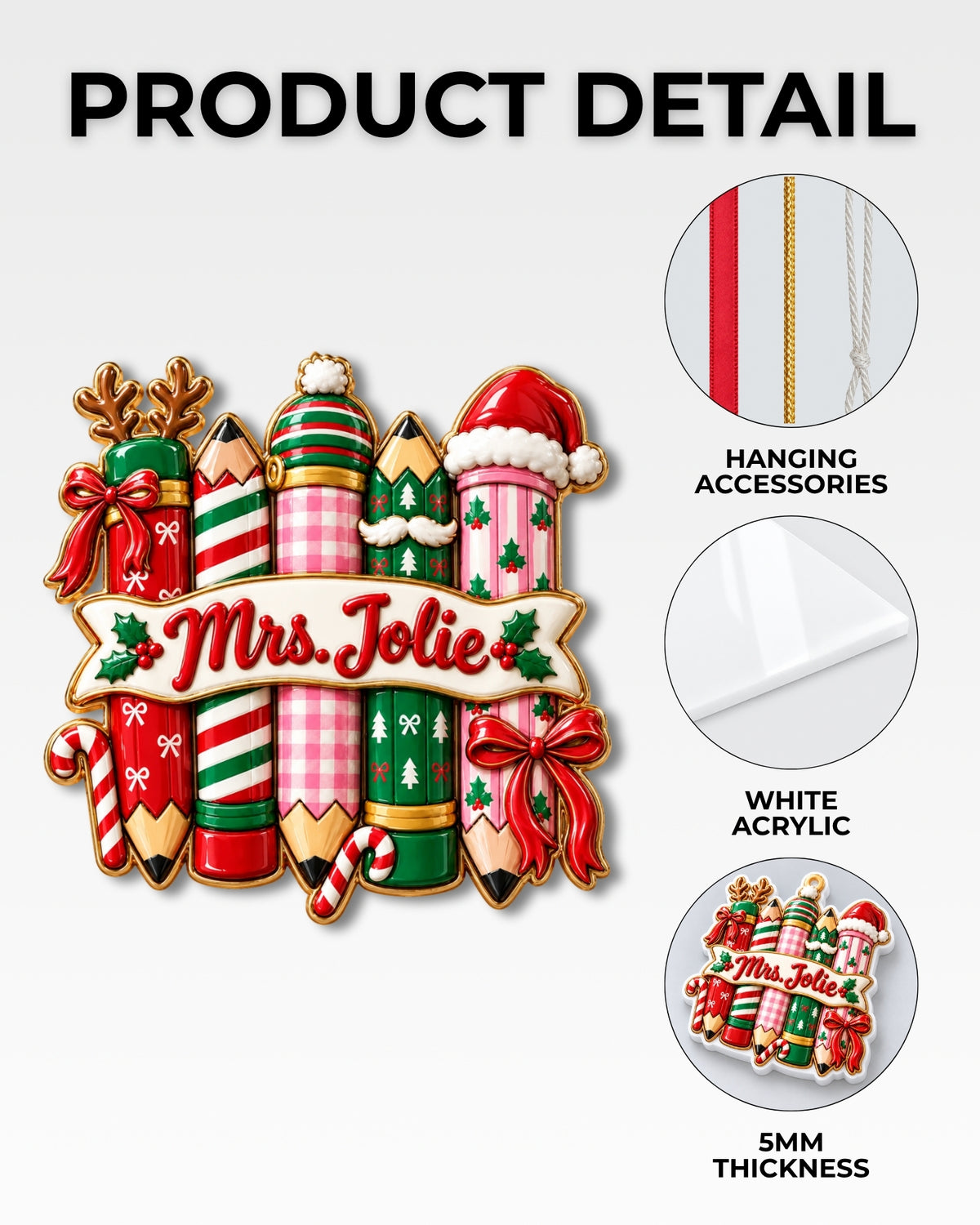 Personalized Christmas Pencil Teacher 3D Relief Ornament — mockup 6