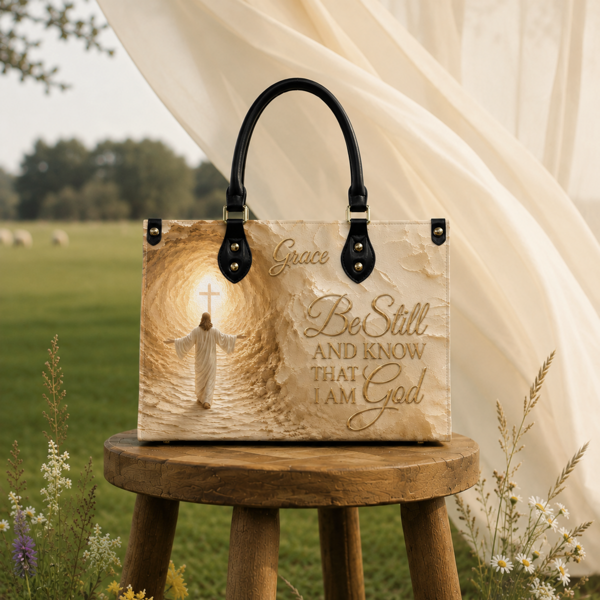 Cream Christian leather handbag displayed outdoors