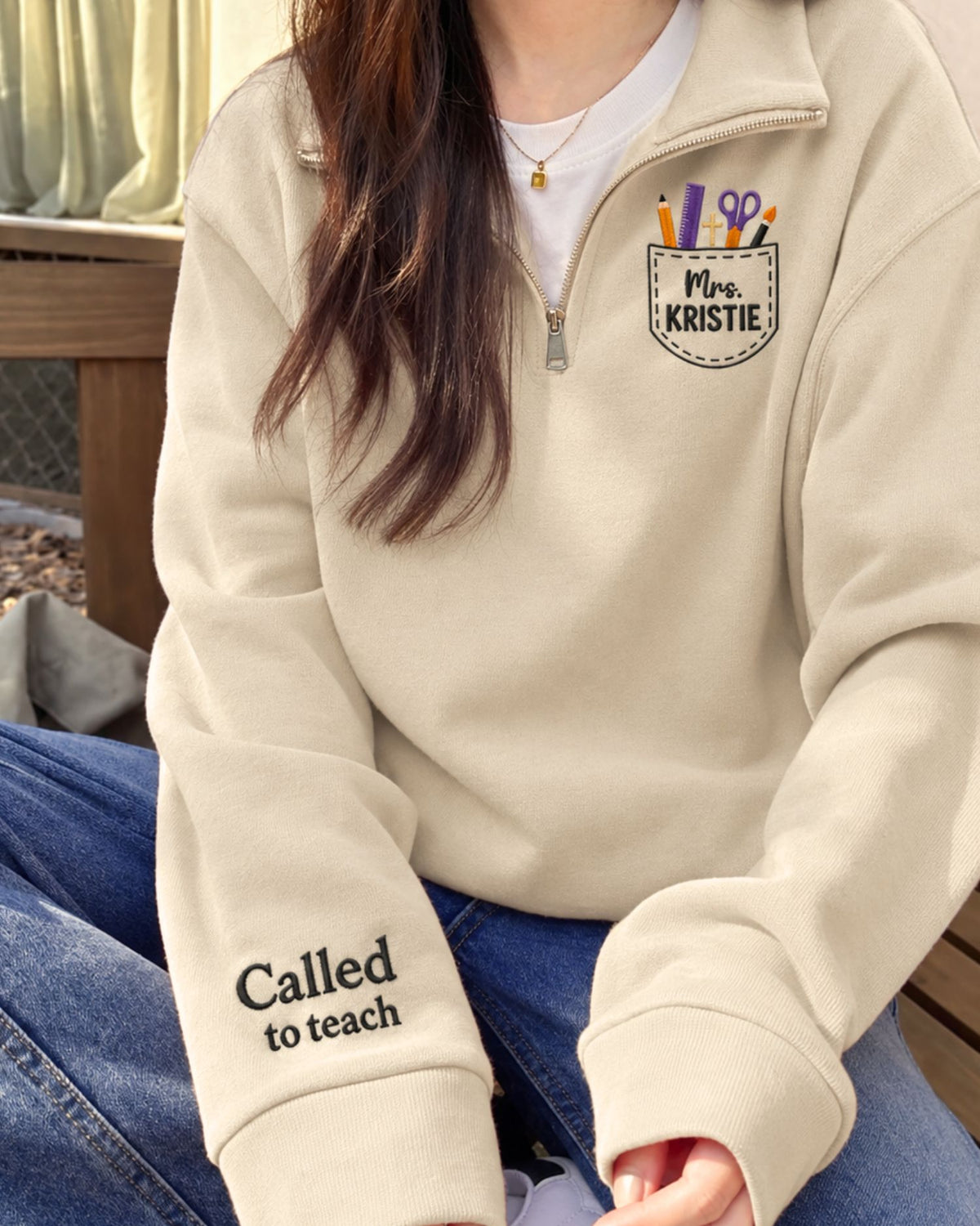 Called to Teach Personalized Halloween Quarter Zip Sweatshirt — mockup 1