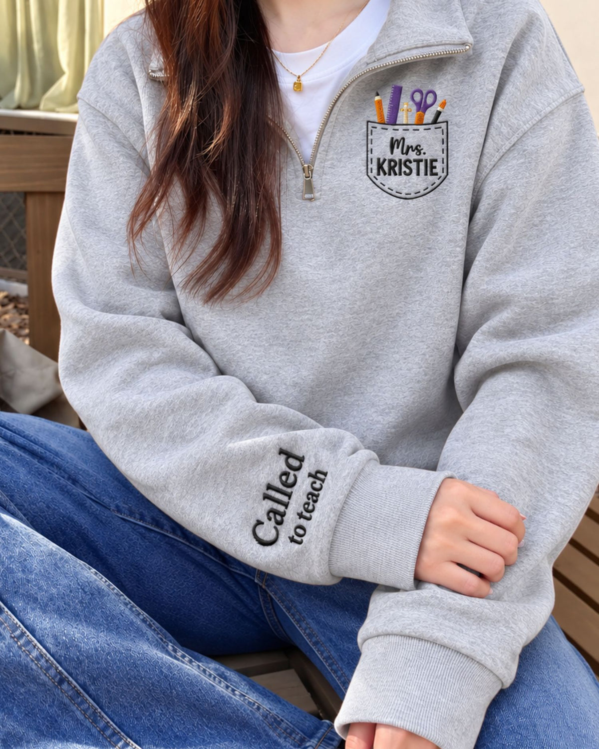 Called to Teach Personalized Halloween Quarter Zip Sweatshirt — mockup 4
