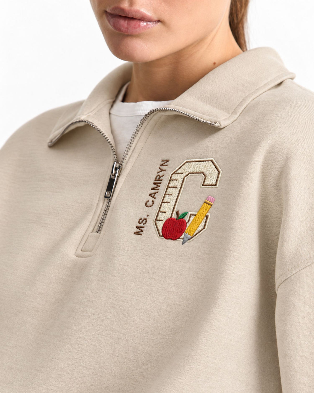 Personalized Teacher Initial and Name Quarter Zip Sweatshirt — mockup 1