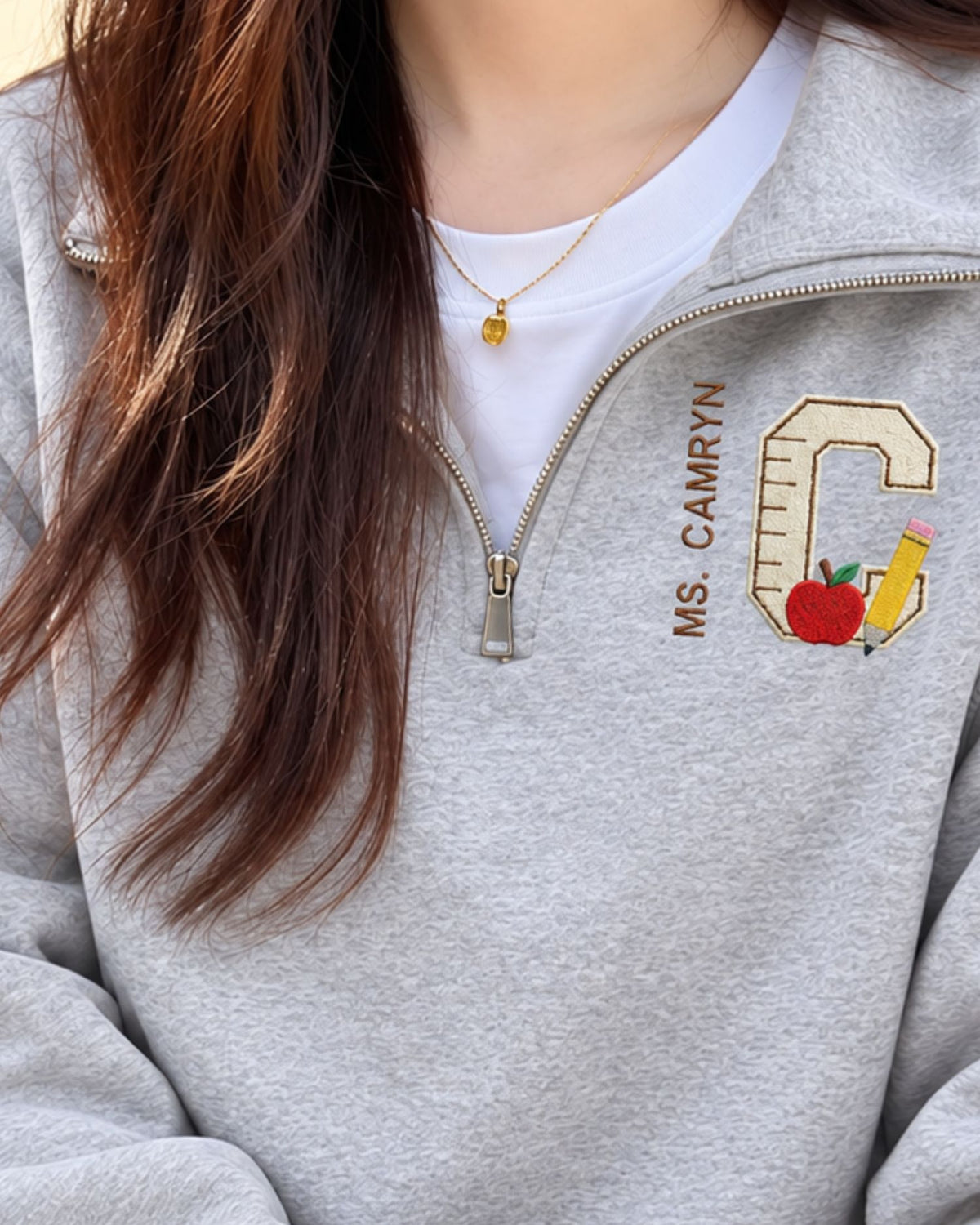 Personalized Teacher Initial and Name Quarter Zip Sweatshirt — mockup 4