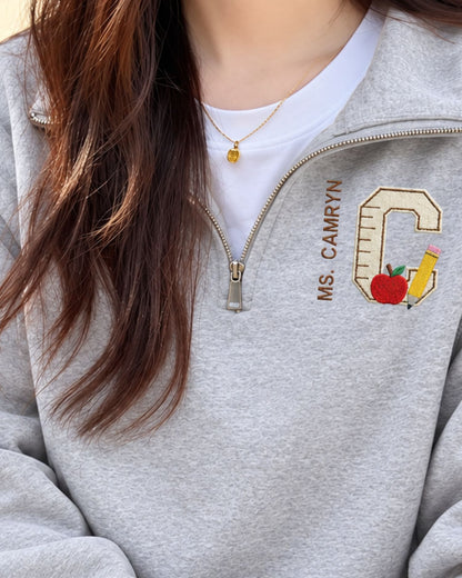 Personalized Teacher Initial and Name Quarter Zip Sweatshirt — mockup 4