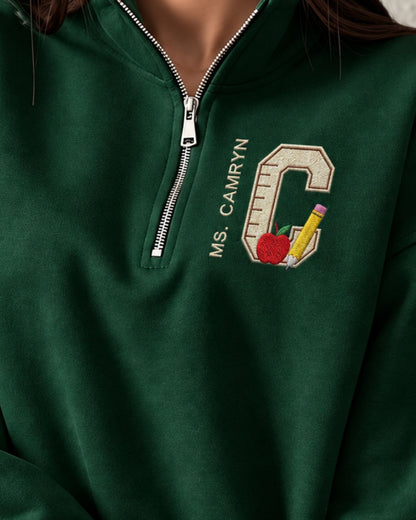 Personalized Teacher Initial and Name Quarter Zip Sweatshirt — mockup 5