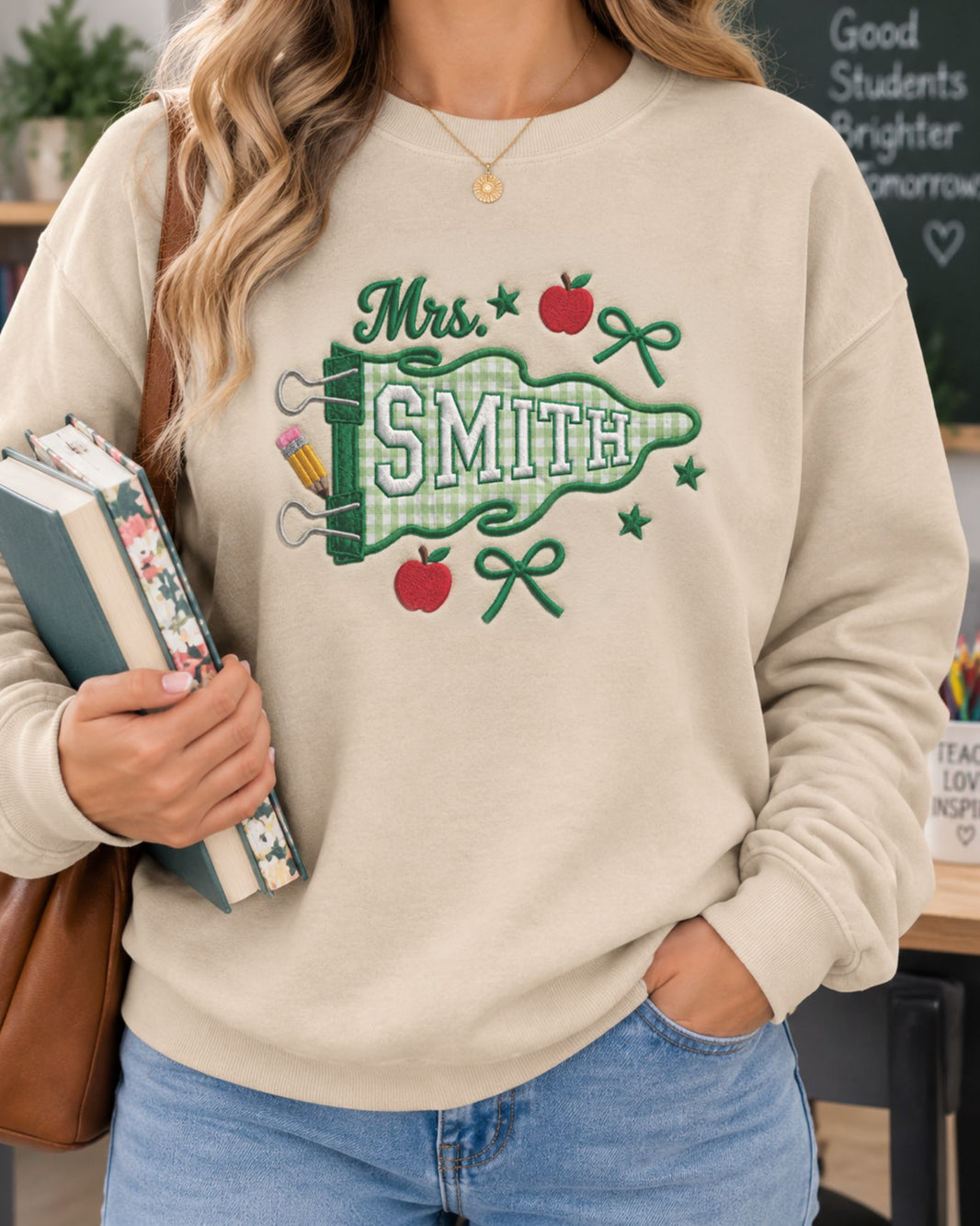 Custom Teacher Name Pennant Patchwork Embroidered Sweatshirt — mockup 1