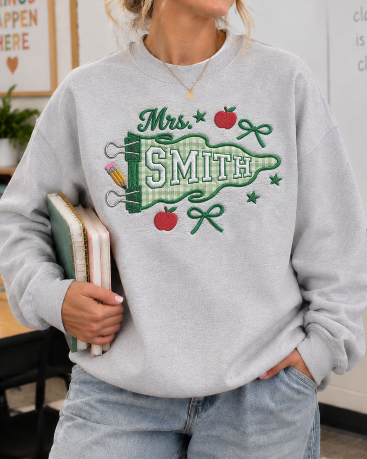 Custom Teacher Name Pennant Patchwork Embroidered Sweatshirt — mockup 3