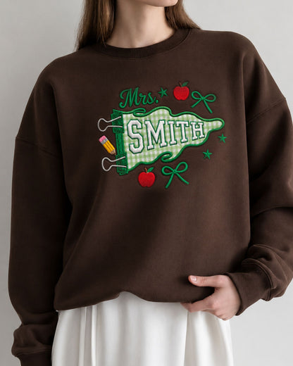 Custom Teacher Name Pennant Patchwork Embroidered Sweatshirt — mockup 4