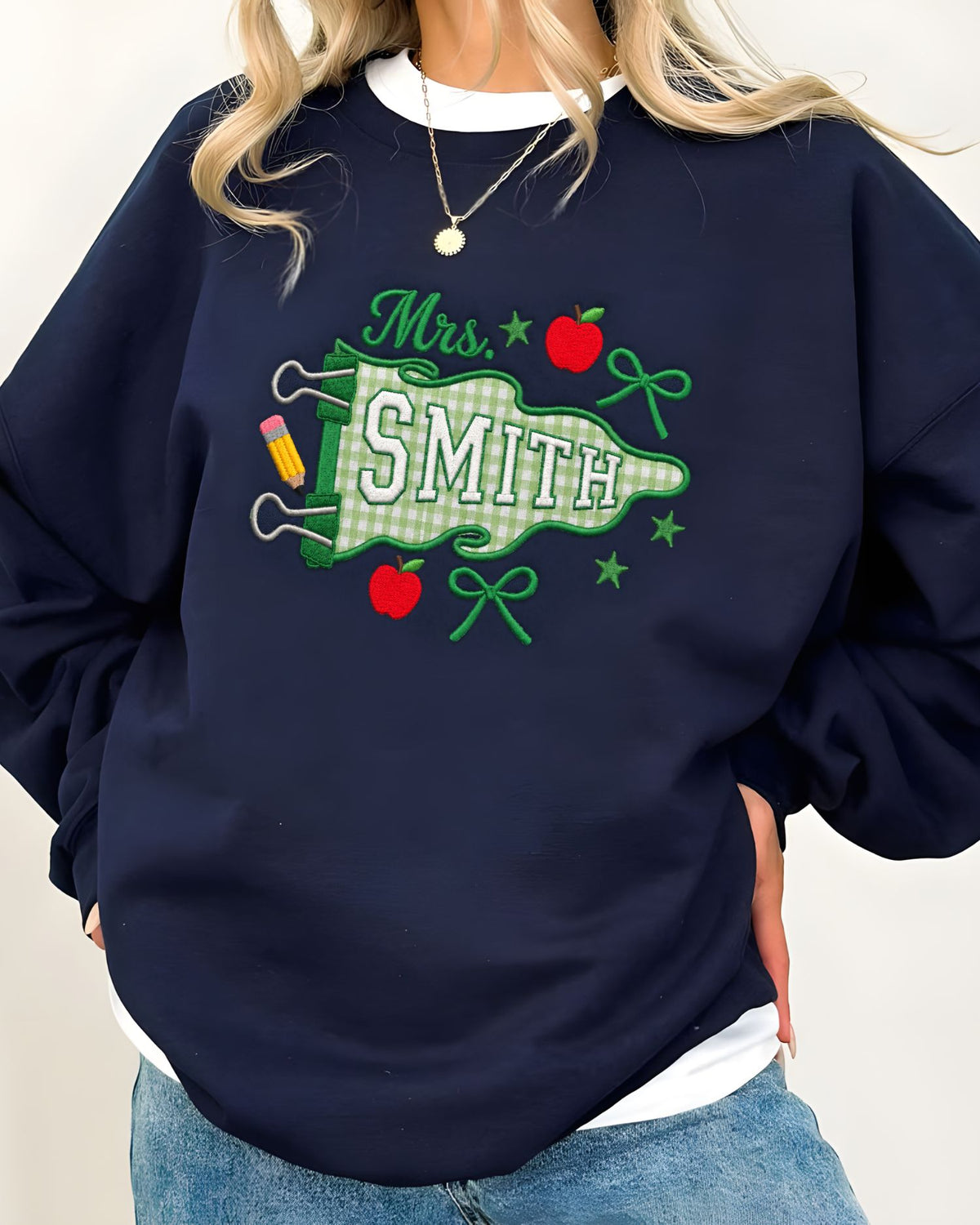 Custom Teacher Name Pennant Patchwork Embroidered Sweatshirt — mockup 5