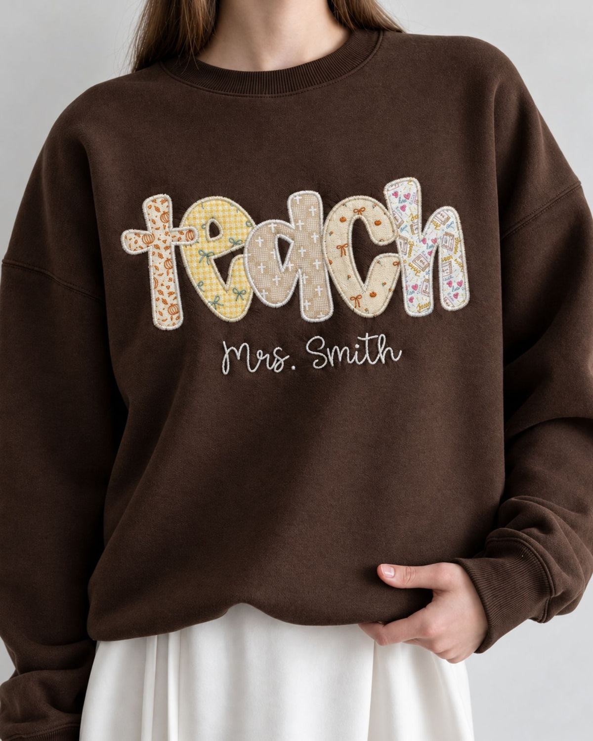 Personalized Teach Patchwork Embroidered Sweatshirt — mockup 1