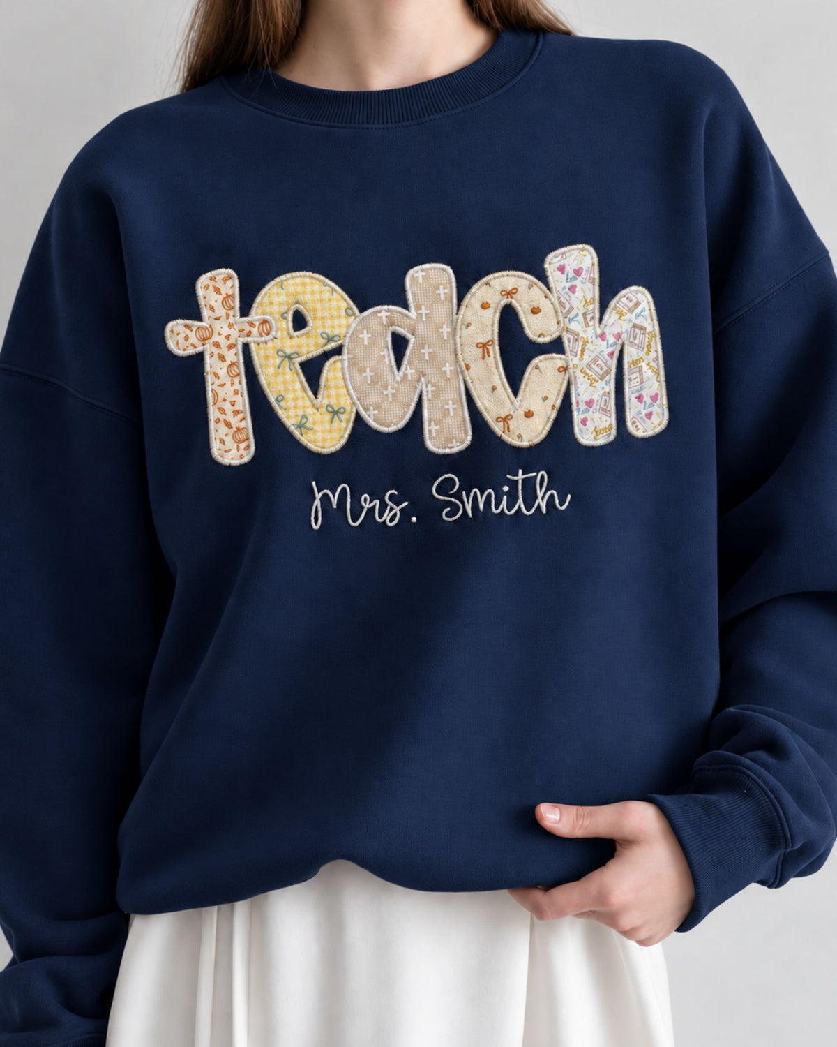Personalized Teach Patchwork Embroidered Sweatshirt — mockup 4