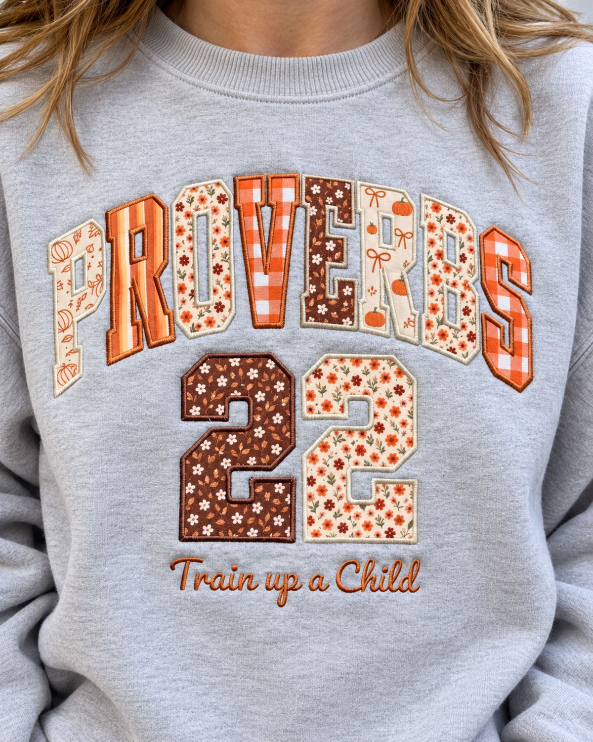 Proverbs 22 Train Up A Child Patchwork Embroidered Sweatshirt — mockup 4